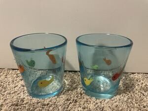 Anthropologie Icon Fish Hand Blown Glasses Heavy Thick Set of 2 Blue
